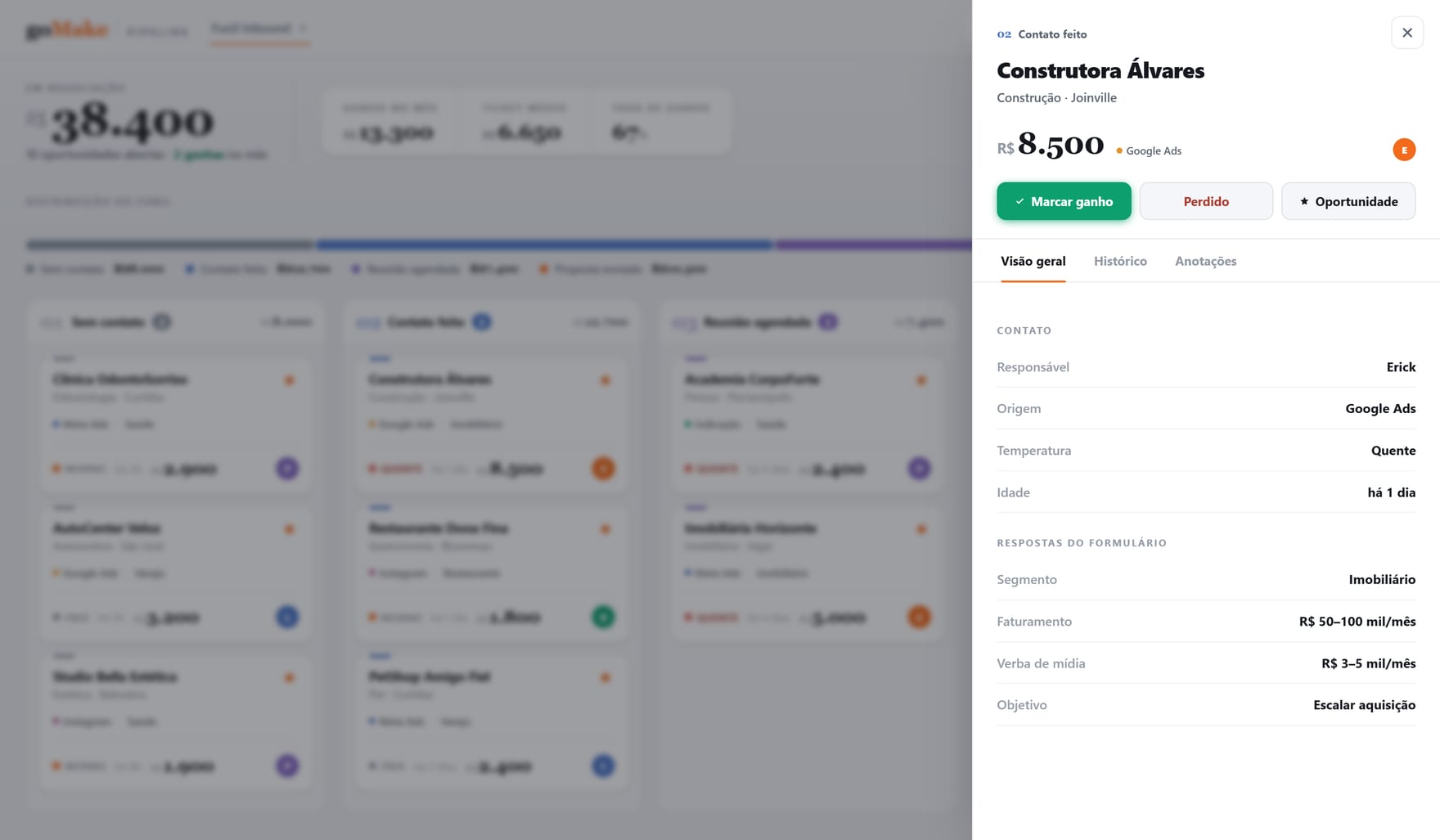 Detalhe de uma oportunidade com histórico do anúncio